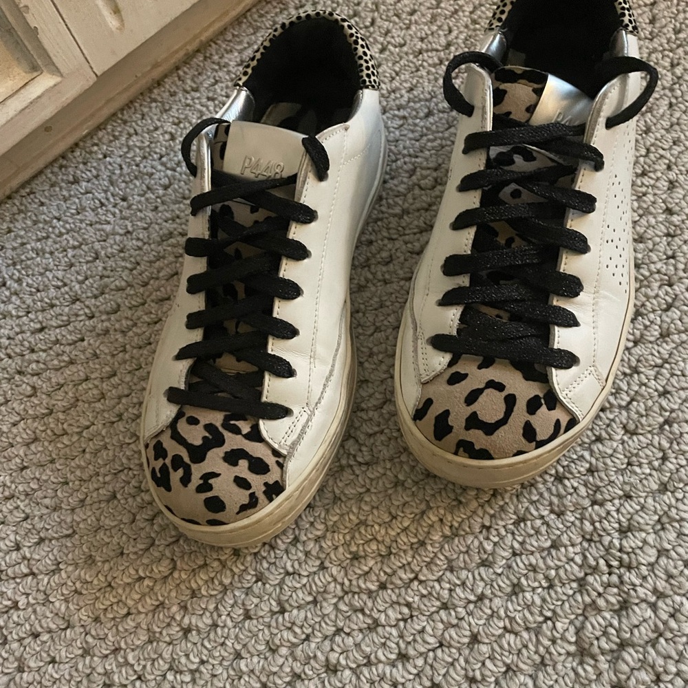P448 Women's White and Leopard Print Sneakers